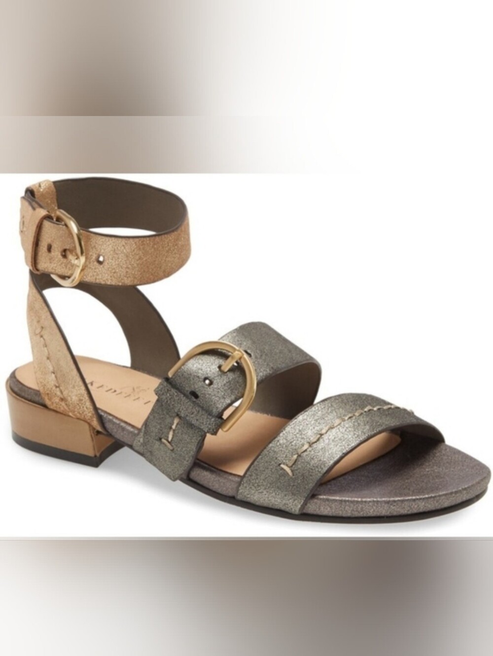 Naked Feet Metallic Gold and Pewter Buckle Strap Sandals